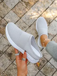 Women's Knit Slip-On Mule Sneakers - Breathable Mesh Rubber Fashion Walking Shoes for Casual Wear Footwear