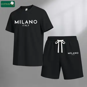 Men’s summer regular-fit cotton short-sleeve T-shirt and cotton shorts set featuring Milan letter print. Fashionable casual menswear for going out: pocketed athletic elastic-waist drawstring shorts two-piece set suitable for running, golf, fishing, basket
