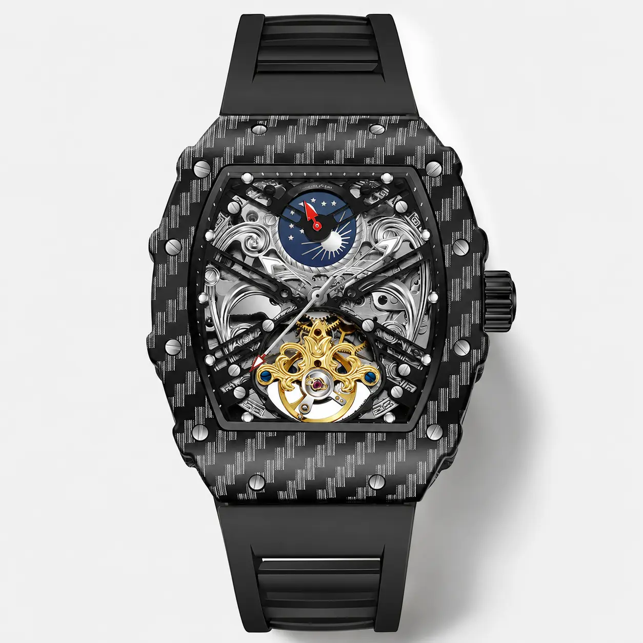Men’s Luxury Mechanical Skeleton Watch, Black Tonneau Barrel-Shaped Wristwatch with Openwork Dial, Visible Gear Movement and Silicone Strap, Bold Fashion Statement Watch for Business, Party and Daily Wear, Premium Gift for Men