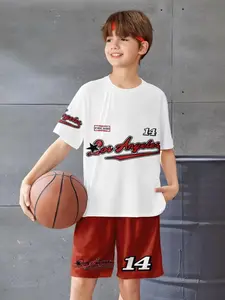 Boys' Los Angeles 14 Basketball Short Sleeve Set, Casual Loose-Fit H-Type Crop Top & Shorts, All over Print, Natural Waist, Medium Length