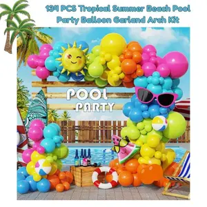 134Pcs Tropical Summer Pool Party Balloon Kit – Beach Ball Garland Arch Decorations for Luau, Poolside Birthday, Beach Bash & Hawaiian Backdrop