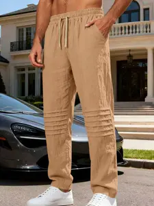Men's Spring New American Style Loose Linen Casual Trendy Pleated Simple Home Breathable Straight Long Pants, Fall Fashion
