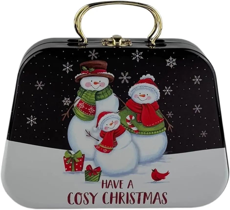 Christmas Snowman Tin Box, Holiday Storage Container, Night Blue | Mini Holiday Candy and Gift Container, Hinged Lid, Embossed Santa Claus Print