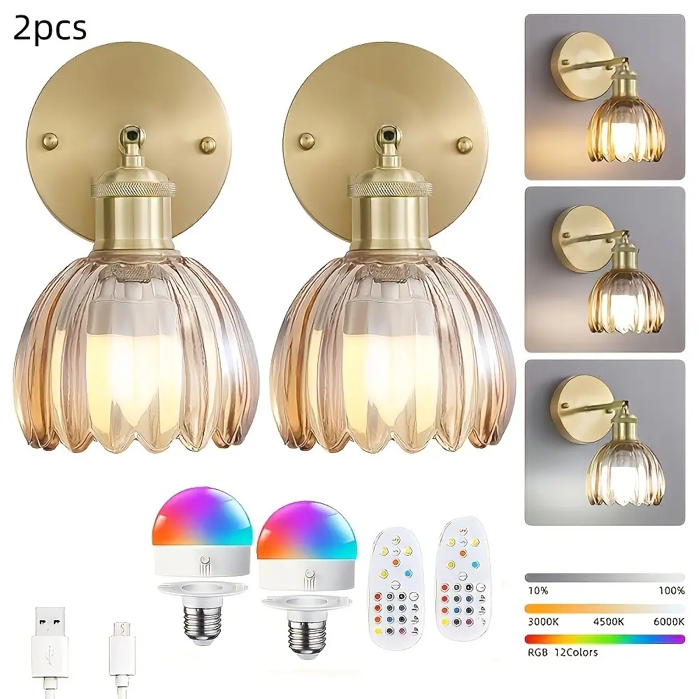 Battery Operated Wall Sconce Set of 2, Rechargeable Battery Powered Wall Lights with Remote and Dimmable Bulbs Adjustable Indoor Lighting USB Rechargeable Cordless Wall Sconces Decor for TV/Mirror Bedroom Living Room
