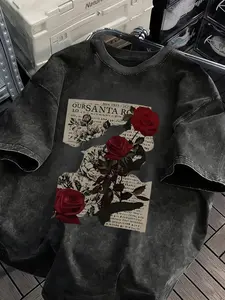 Men's Casual Sporty Short Sleeve Top, Z-Shaped Newspaper Rose Print, Comfortable Round Neck T-Shirt for Outdoor, Gym, Shopping