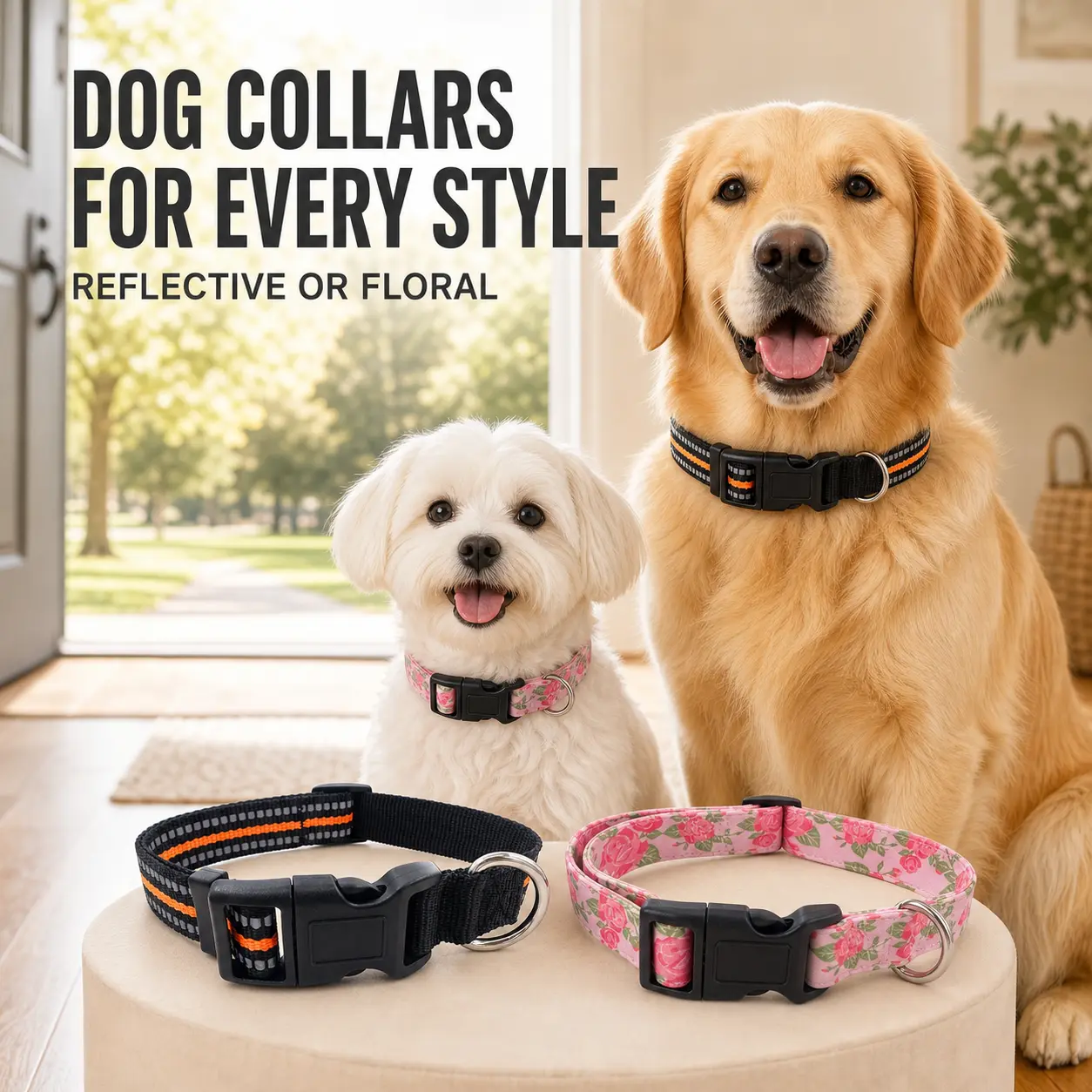 SmartWell Adjustable Dog Collar Reflective Nylon Or Soft Floral Fabric Quick Release Buckle Sturdy D Ring Everyday Walking Collar For Puppies And Adult Dogs Outdoor Adventures