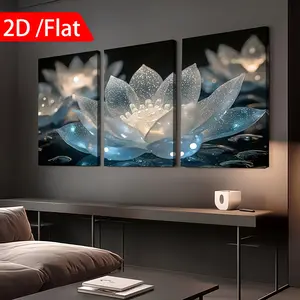 3-piece framed canvas painting - Canvas painting with glowing lotus. Themed 2D canvas wall art print - Halloween interior decoration, home autumn decoration, local warehouse, wall decoration, home bedroom kitchen living room bathroom, hotel cafe office de