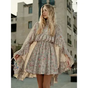 Ocean Style 2026 Summer Two Piece Semi-Sheer Chiffon Dress Ruffle Cape Elegant Casual Women Vacation Outfit Chic Fabric Lace Breathable Breathable Womenswear