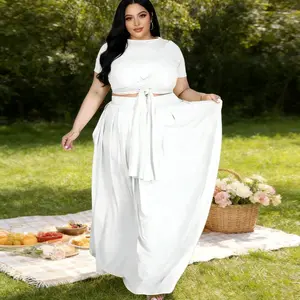 Womens Plus Size 2 Piece Breathable Dress Outfits Short Sleeve Bandage Wrap Empire Crop Tops and Skirt Sets in Soft Polyester & Spandex for Spring Summer Fall Picnic、Date Boho Solid Style Womenswear lightweight