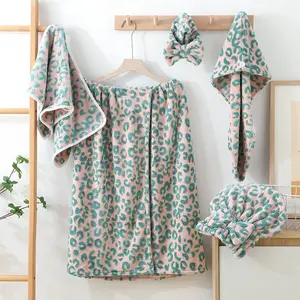 Leopard Print Bathroom Towel Set, Including Hair Cap, Shower Cap, Headband, Hand Towel & Bath Skirt, Soft Absorbent Towel Set for Home Bathroom, Reusable Towels