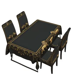 Royal Lion Crest Dining Table Set with Chair Covers, 5/7PCS Luxury Black Gold Tablecloth for Elegant Dining Rooms