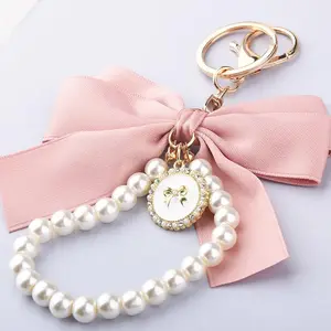 butterfly design charm Pink Pearl Bow Keychain for Women Girls Bracelet Wristlet Keychain for Car Key Chains Women Cute Bag Purse Charms