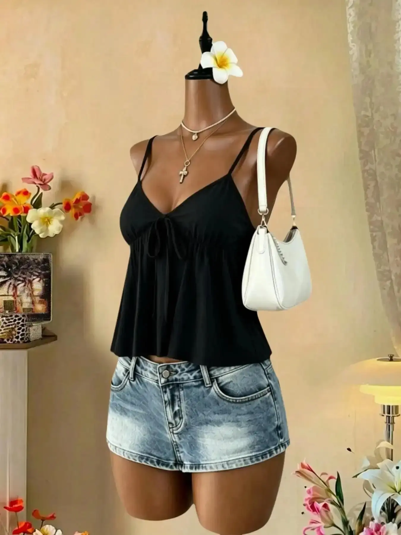 Fresh Summer Girl Polka Dot Halter Top, V Neck Front Tie Ruffle Back, Slimming Women's Tank Top, Single Piece, Casual Fitted Style