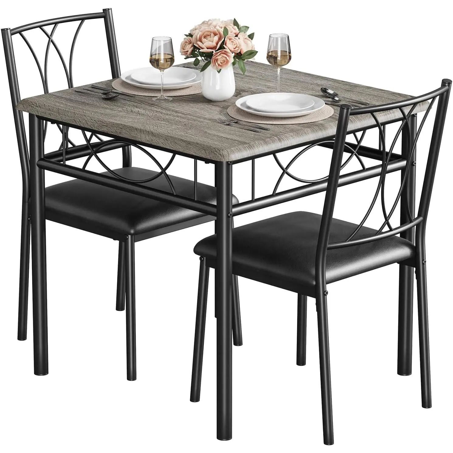 Garvee 3-Piece Dining Table Set for 2 – Space-Saving Square Metal & Wood Kitchen Table with 2 Upholstered Chairs, Compact Dining Furniture for Apartment, Kitchen, Breakfast Nook or Dining Room – Rustic Modern Style, Sturdy Frame, Comfortable Seating