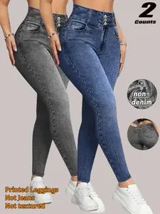 Women High-Waisted Stretchy Elastic Printed denim leggings, Fake Buttons, no real Pockets, All-Season, Slim Fit, Breathable, Casual, Sporty, leggings, imitation denim fabric