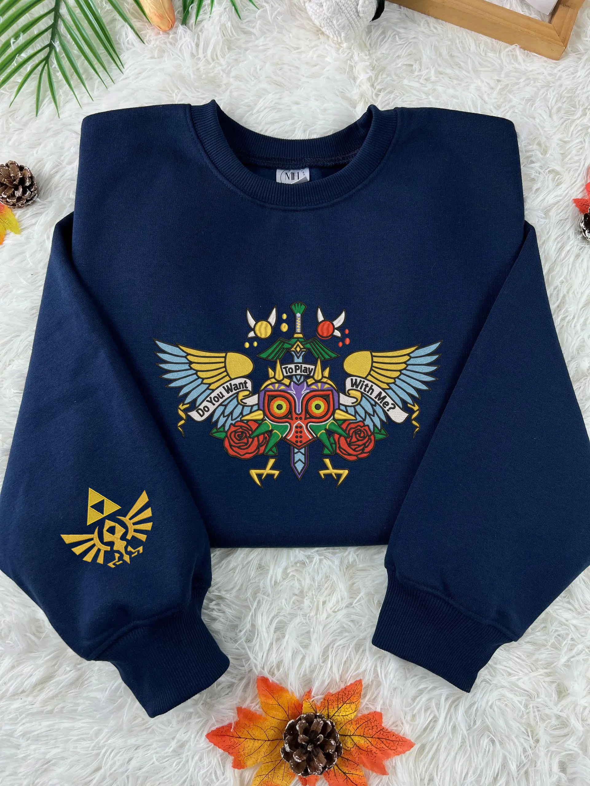 Majora Mask Embroidered Sweatshirt, Legend Of Zelda Inspired Fantasy Gamer Crewneck, Retro RPG Gif