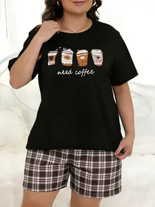 Women's Plus Size Casual Sleepwear Set, Cartoon Coffee Cup Print Round Neck Short Sleeve Top & Comfortable Shorts, Soft Dream Night