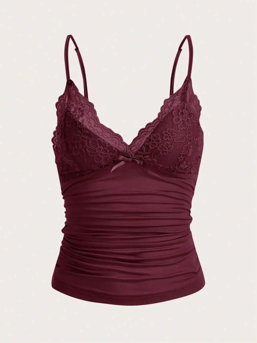 MISSGUIDED  Elegant Solid Contrast Lace Ruched Y2k Cami Top