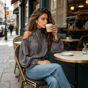 Women's 2026 New European American Vintage Paisley High Neck Off‑Shoulder Chiffon Blouse, Lantern Sleeve Loose Figure‑Flattering Casual Top trendy