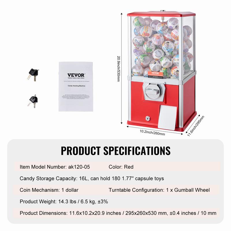 VEVOR Gumball Machine for Kids,  , 21" Height Home Vending Machine, PS Bouncy Balls Dispenser, Hold 180 Capsule Toys, Rectangle Bubble Gum Machine for Game Stores, Coin Operated Gumball Bank, Red
