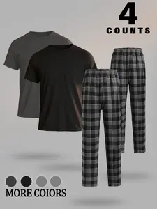 Men's Summer Casual Plaid Pajama Set, Round Neck Short Sleeve Pullover and Long Pants, Soft Comfortable Knitted Polyester Loungewear