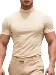 Men's Solid Mock Neck Tee, Regular Fit Casual Short Sleeve T-shirt for Summer, Men's Top for Daily Wear, Tropical, Gym T Shirts