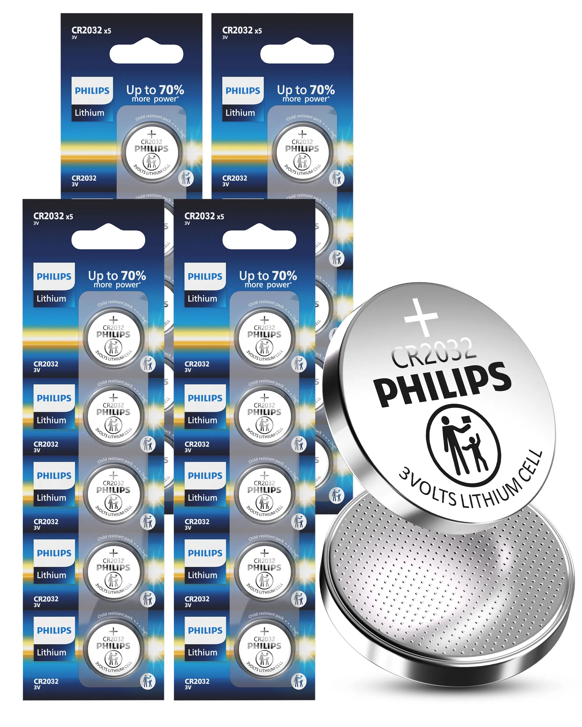 Philips CR2032 Lithium Button Coin Cell Replacement Batteries (5/10/50 Pack), 3V Long-Lasting for AirTag, Car Key Fob, Remote