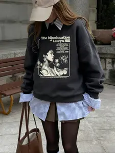 Women's Fashion Graphic Print Long Sleeve Round Neck Pullover, Casual Style Loose-Fitting Top for Fall & Winter, Versatile Warm Everyday Sweatshirt
