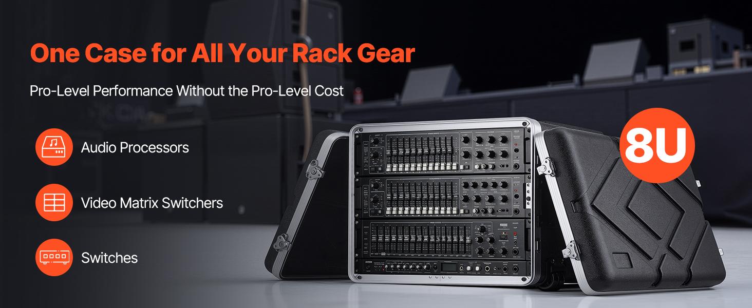 VEVOR 8U Rack Case, Standard 19 in Depth, Rolling Server Cabinet with Wheels, ABS Construction, Retractable Handle, Latches, for Amplifier (7U Rack Space + 1U Wheel Space), 18.4 in Internal Depth
