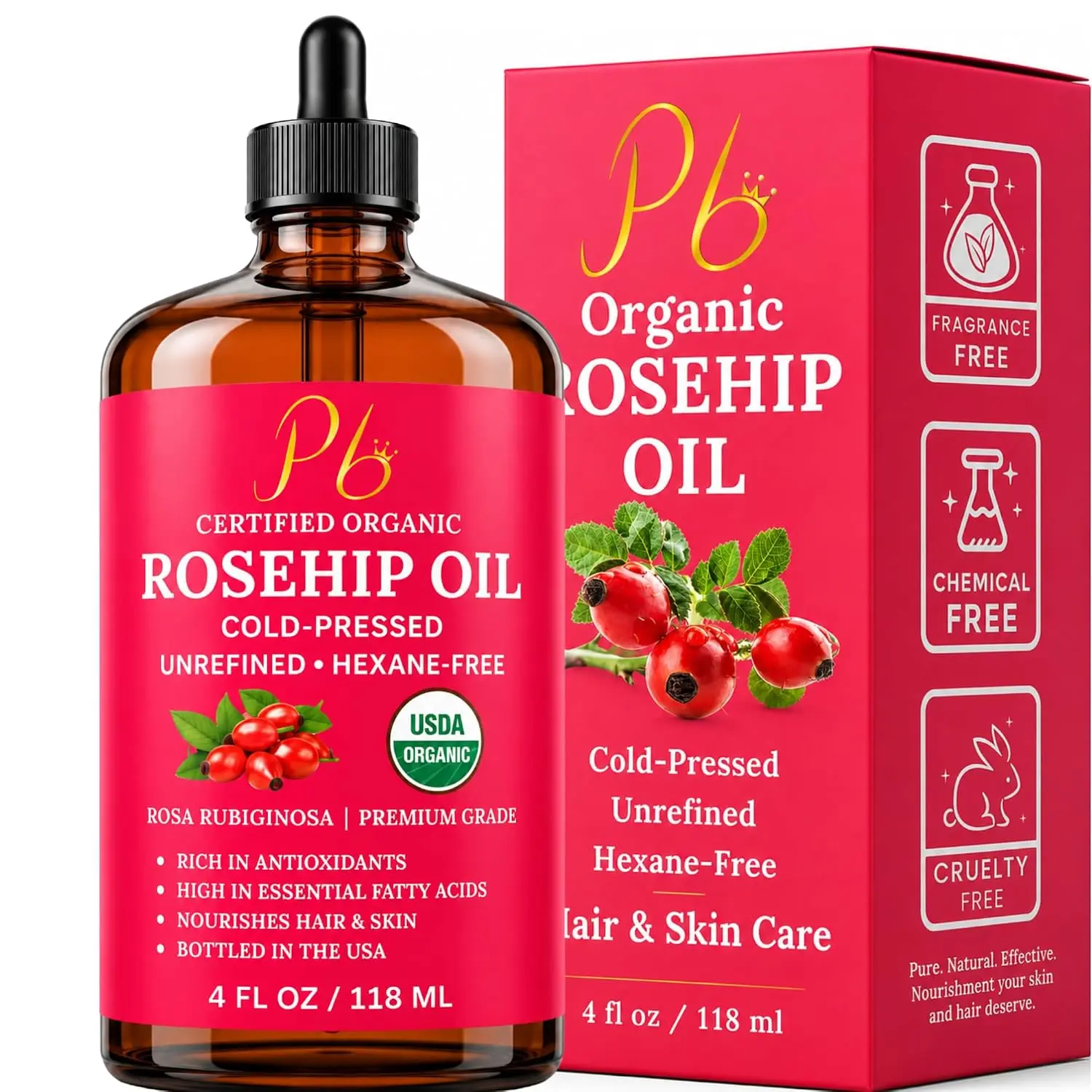 Pomberries Rosehip Oil, Rosehip Oil for Face, Organic, 4 fl oz | Rosehip Seed Oil, Cold-Pressed & Unrefined. Rose Hip Oil Helps Reduce Scars, Stretch Marks & Fine Lines Look