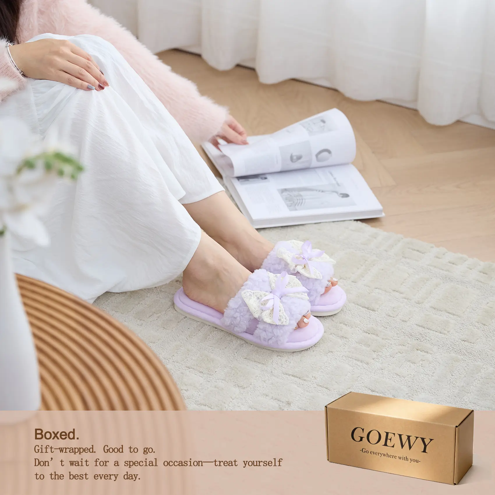 GOEWY Women's Open Toe Slippers, Soft Plush Slides with Lace Bow, Supportive Memory Foam and Non-Slip Sole for Indoor Outdoor Comfort, Breathable Slippers, Soft Slipper Sandals