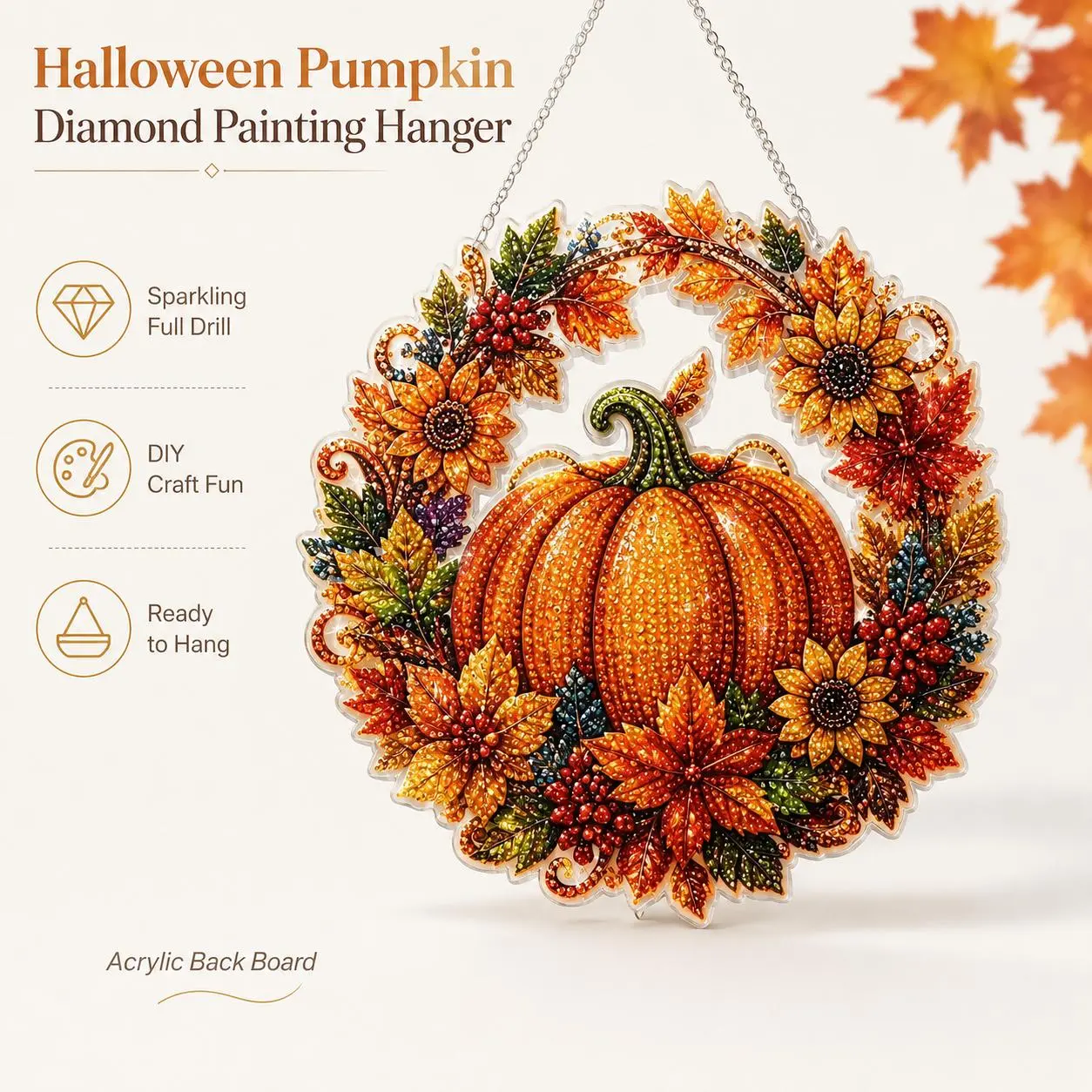 Halloween Pumpkin Diamond Painting Kit, DIY Full Drill Acrylic Hanging Ornament, Fall Autumn Pumpkin Wreath Decor for Door Window Wall, Sparkling Rhinestone Craft Gift