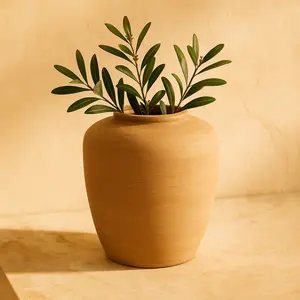Beige Ceramic Wide Textured Terracotta Decorative Vase