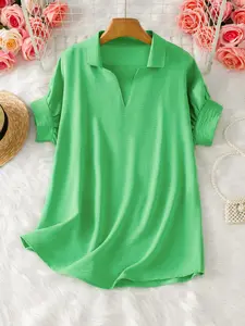 Women's Fashion Lapel Collar Solid Color Drop Shoulder Short Sleeve Shirt, Casual Summer Top, Stylish Ladies' Blouse