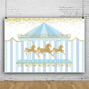 2D flat banner1pcs Carousel Photography Backdrop Cartoon Amusement Park Scene Blue Gold Carousel Background Sparkling Blue White Stitching Background for  Shower Party Banner SuppliesPropsBackgroundStudioPhotoBoothPropBannerBannerHomeDecorScene
