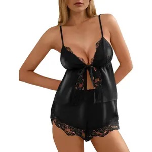 Kolagri Womens Sexy Front Tie Pajamas Lingerie Set Ruffle V Neck Lace Sleepwear Cami Shorts Set Nightwear