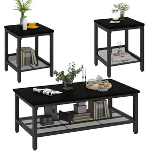 Hooseng 3 Pieces Living Room Table Set, Industrial Coffee Table with 2 Square End Side Tables, Coffee Table Set with Metal Frame for Apartment Home Office, Rustic Brown
