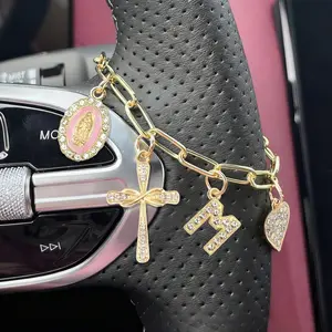 Car Steering Wheel Bead Pendant, Religious Colorful Rhinestones, Customizable Initial Keychain, Christian Amulet, Unique Car Gift