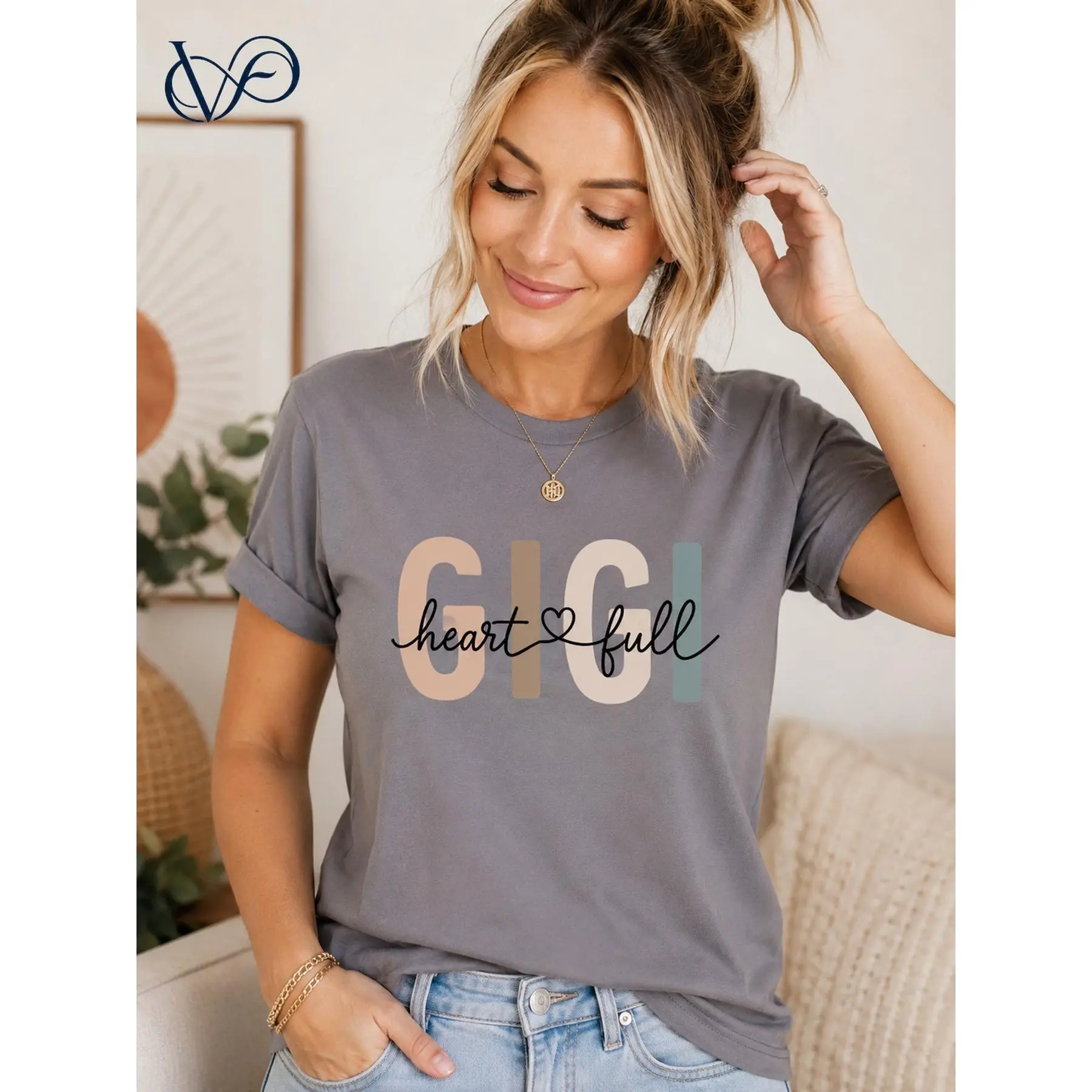 Women's Cotton Short-Sleeve Round Neck Gigi Heart Full Letter All Over Print T-Shirt - Dark Grey, Multi-Color Text, Casual Loose-Fitting, Comfortable, Cute, Basic & Colorful Style, Grandmother Apparel, Sweet Gift Idea, Top, Tshirt