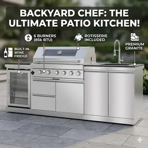 43-Inch 6-Burner 85000 BTU Stainless Steel Outdoor Kitchen BBQ Island Grill with Wine Cooler, Compact Refrigerator, Rotisserie, Granite Countertops, Storage Cabinets and Drawers, Outdoor Cooking Station for Backyard Patio, Summer Grilling and Outdoor Ente