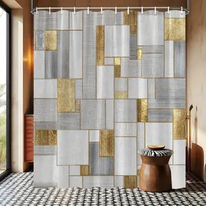 Modern abstract design pattern of gray and gold squares forest shower curtain design, polyester fabric, windows and walls, bathtub, bathroom home decoration shower curtain, four season universal shower curtain, bathroom decoration curtain, with 12 hooks