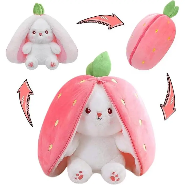 Cute Plush Toy Bunny, Huggable Plush Rabbit, Strawberry Rabbit Transformable Plush with Zipper, Convertible Plush Bunny with Ears, Adorable Stuffed Animal, Easter Gift for Girlfriend,Valentine's Day Gift Idea
