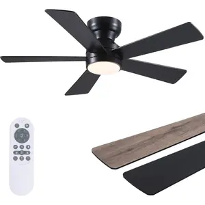 Black 46" Flush Mount Ceiling Fan with Lights, Remote, 5 Reversible Blades, 3CCT Dimmable, 6 Wind Speeds 2H Timer, Low Profile Indoor Fan Light Fixture for Modern Bedroom