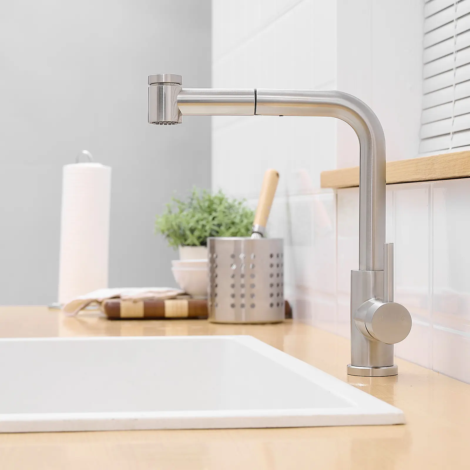 Brushed Nickel Bar Sink Faucet with Pull Out Sprayer, Single Handle Brass Kitchen Faucet, 360° Swivel Prep Sink Faucet, Modern Mini Faucet for Kitchen Bathroom Utility Sink