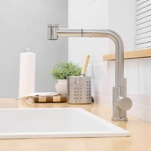 Brushed Nickel Bar Sink Faucet with Pull Out Sprayer, Single Handle Brass Kitchen Faucet, 360° Swivel Prep Sink Faucet, Modern Mini Faucet for Kitchen Bathroom Utility Sink