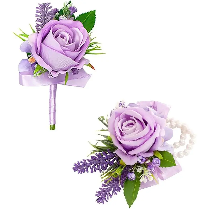 Purple Corsage and Boutonniere Set for Wedding Prom, Artificial Flower Wrist Corsage Bracelets, Homecoming Corsage Wristlet, Boutonniere for Men Wedding Suit Decorations
