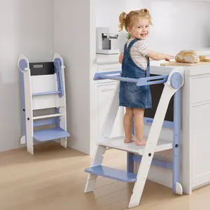 Foldable Toddler Standing Tower with Adjustable Height, Kitchen Stool Helper for Kids, Wooden Step Stool with Safety Rail & Anti-Slip Feet for Kitchen Counter and Bathroom Sink