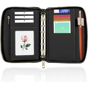 A7 Leather Budget Binder,  Envelopes System Budgeting Wallet,  Organizer for ,  Saving  Envelopes for Budgeting, Wallet Budget Planner with Zipper(Black)