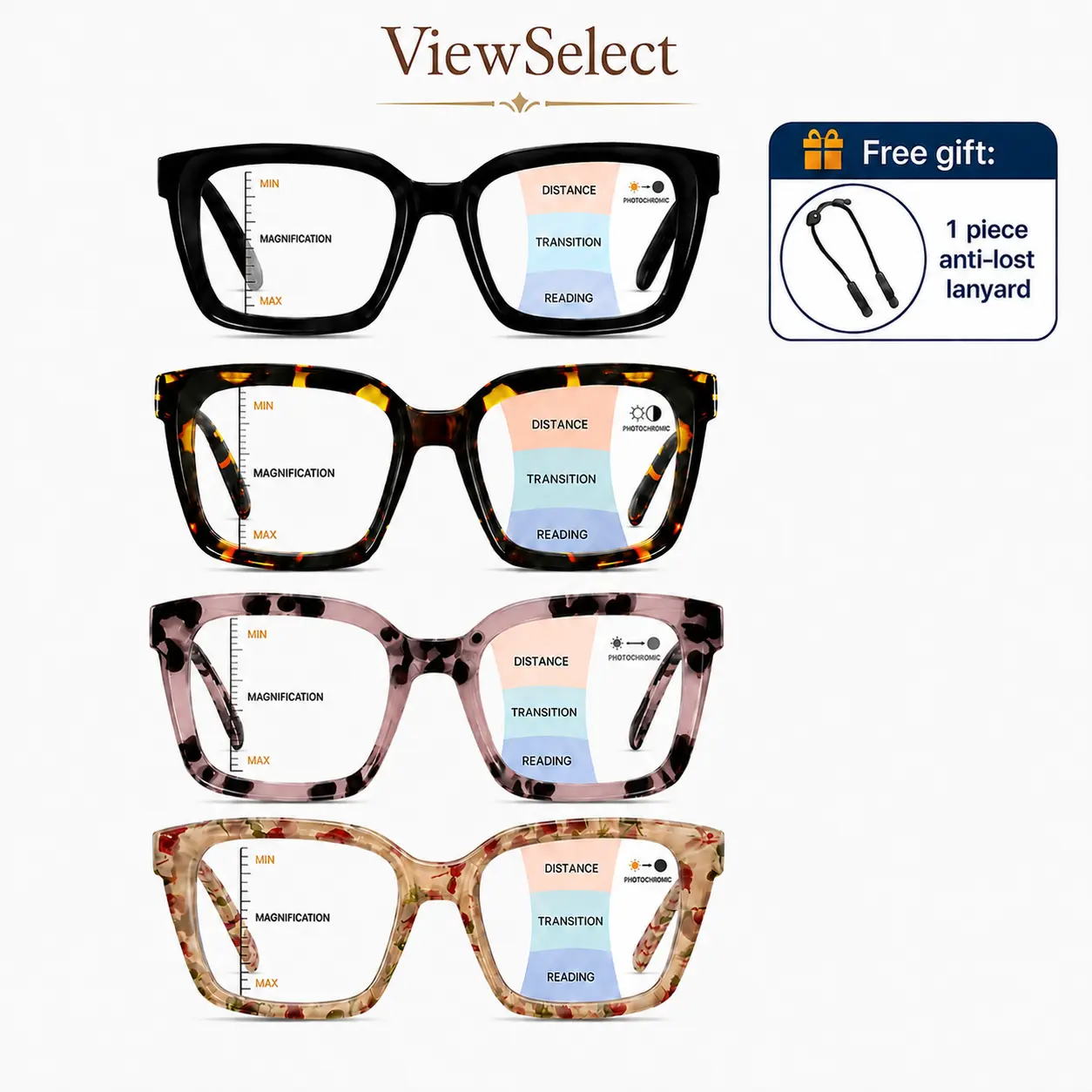 Oversized Square Progressive Reading Glasses, Blue Light Filtering Readers with Spring Hinge, Lightweight Computer Eyeglasses for Women Men