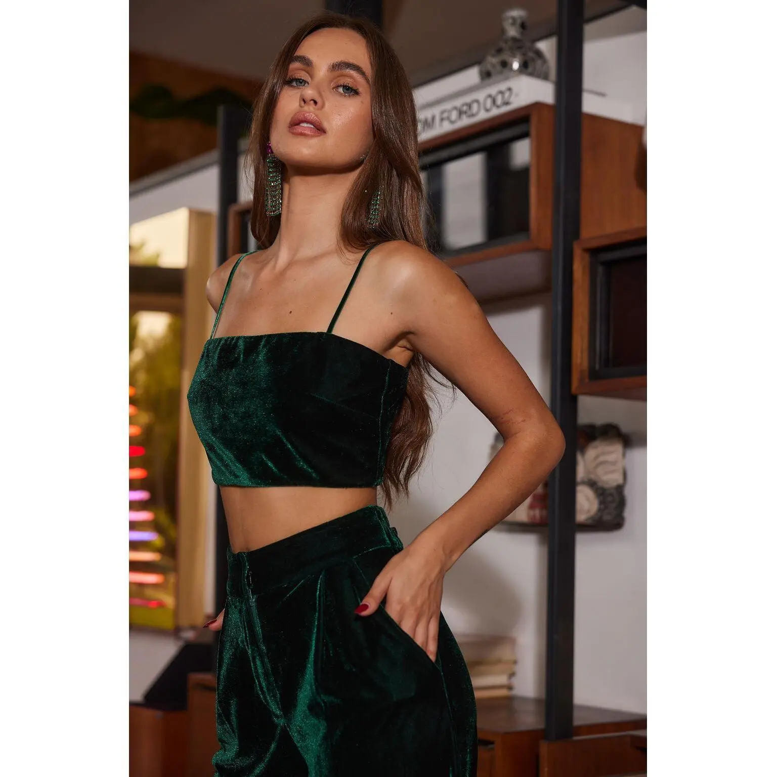 Women's Elegant Fitted Rhea Emerald Velvet Crop Top, Polyester-Rayon Blend, Ideal for Matching with Dresses or Bottoms